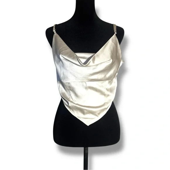 H&M Chic Ivory Satin Skinny Strap Cowl Neck Women's Cropped Camisole Top - Picture 1 of 16